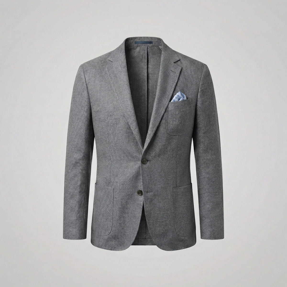 Charcoal textured blazer jacket with pale blue pocket square detail