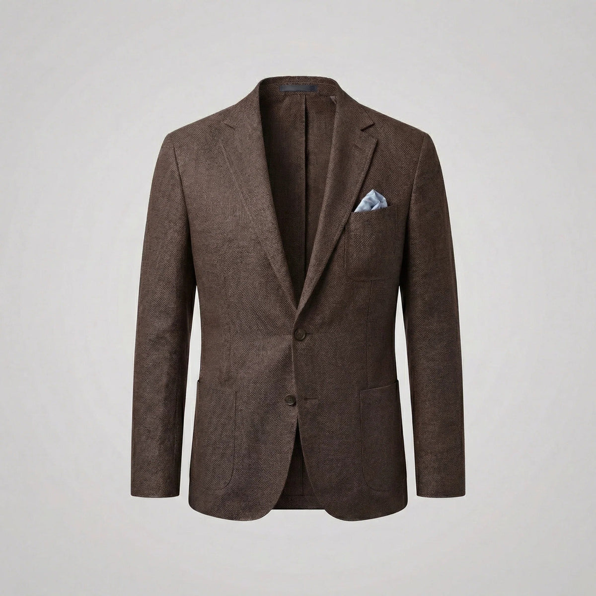 Grey textured blazer jacket with pocket square, front laid flat