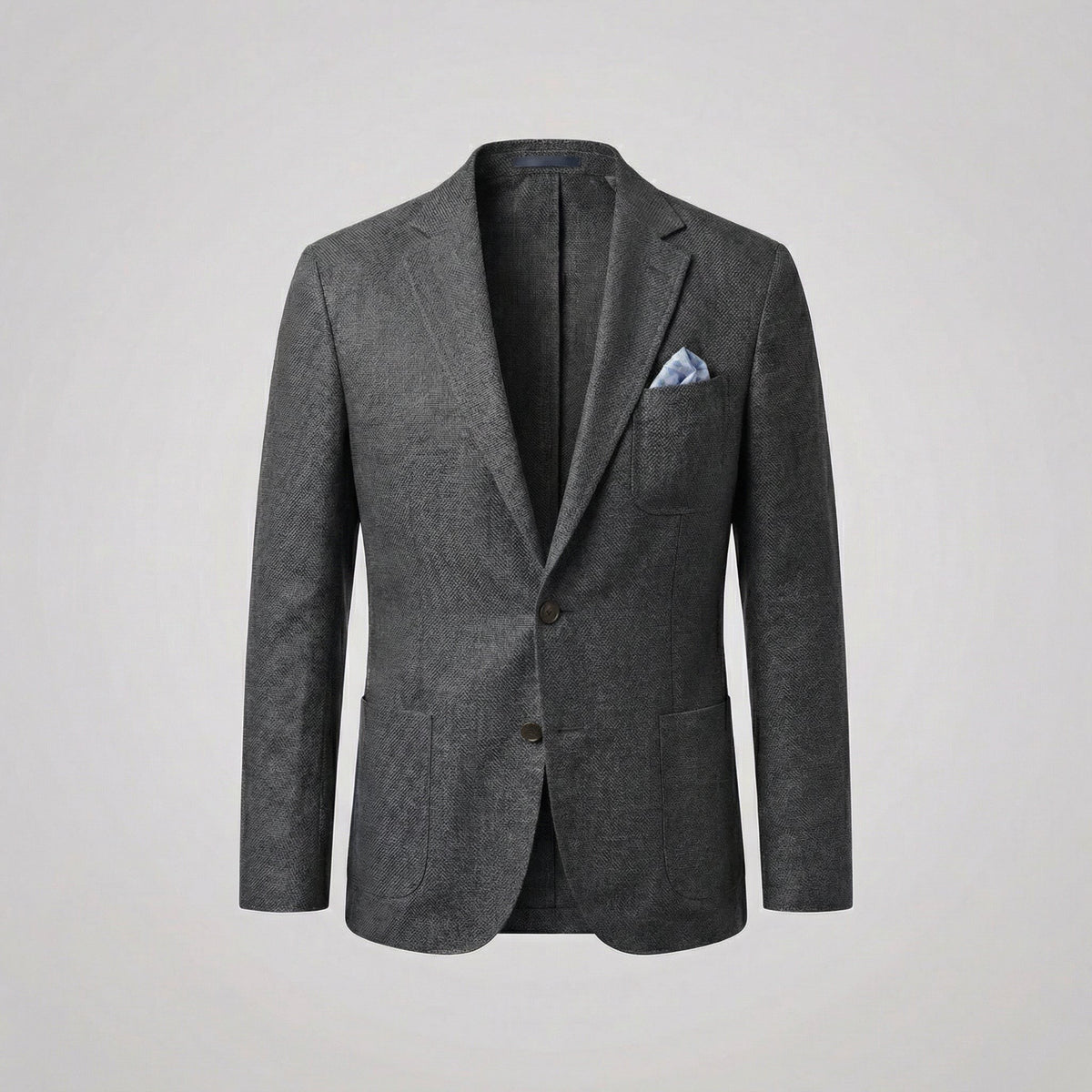 Dark grey textured blazer jacket with contrasting pocket square