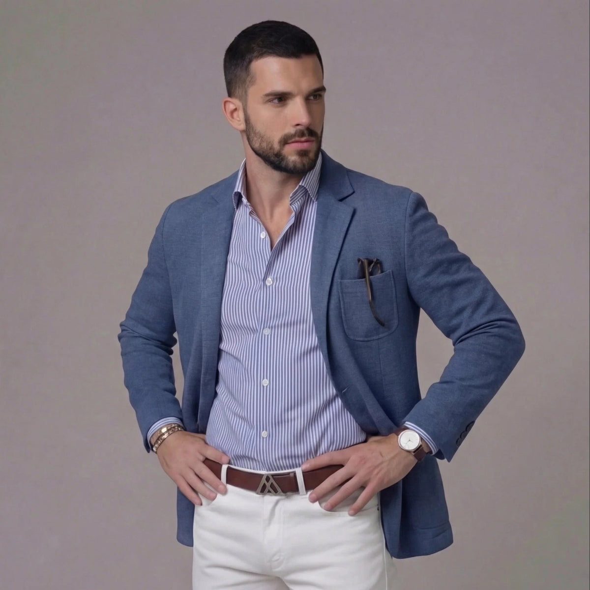 Blue blazer jacket paired with striped shirt, styled with hands relaxed
