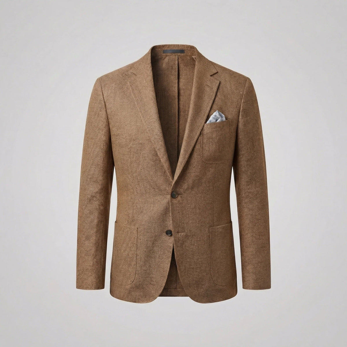 Blue textured blazer jacket with white pocket square, laid flat