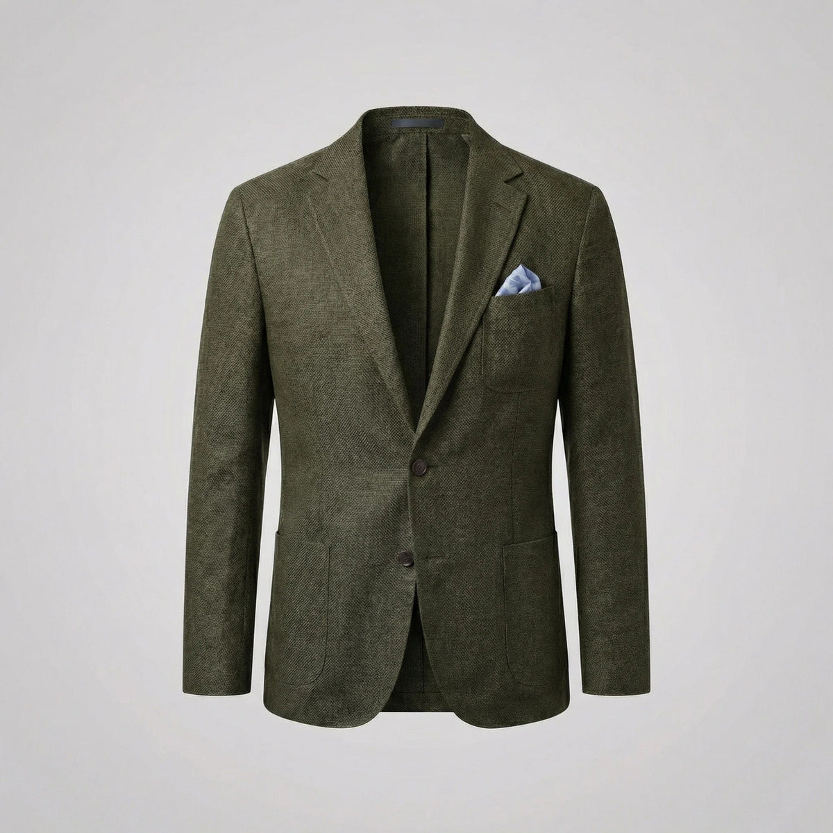Camel textured blazer jacket with pale blue pocket square, front view