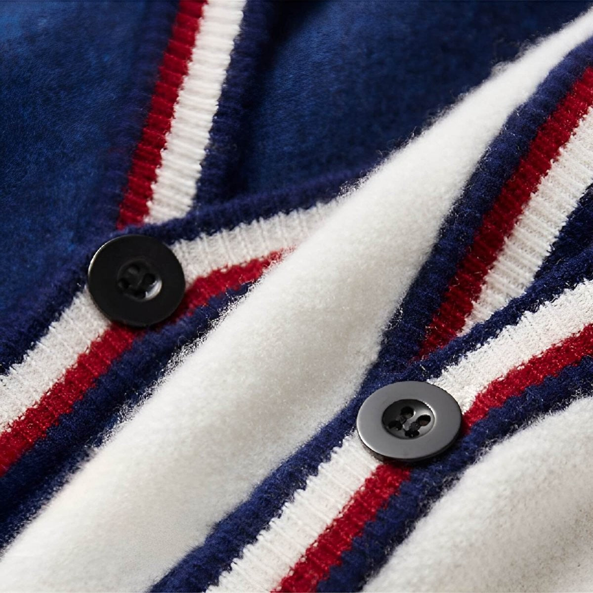 Close-up of striped V-neck trim and buttons on knitted wool blend cardigan