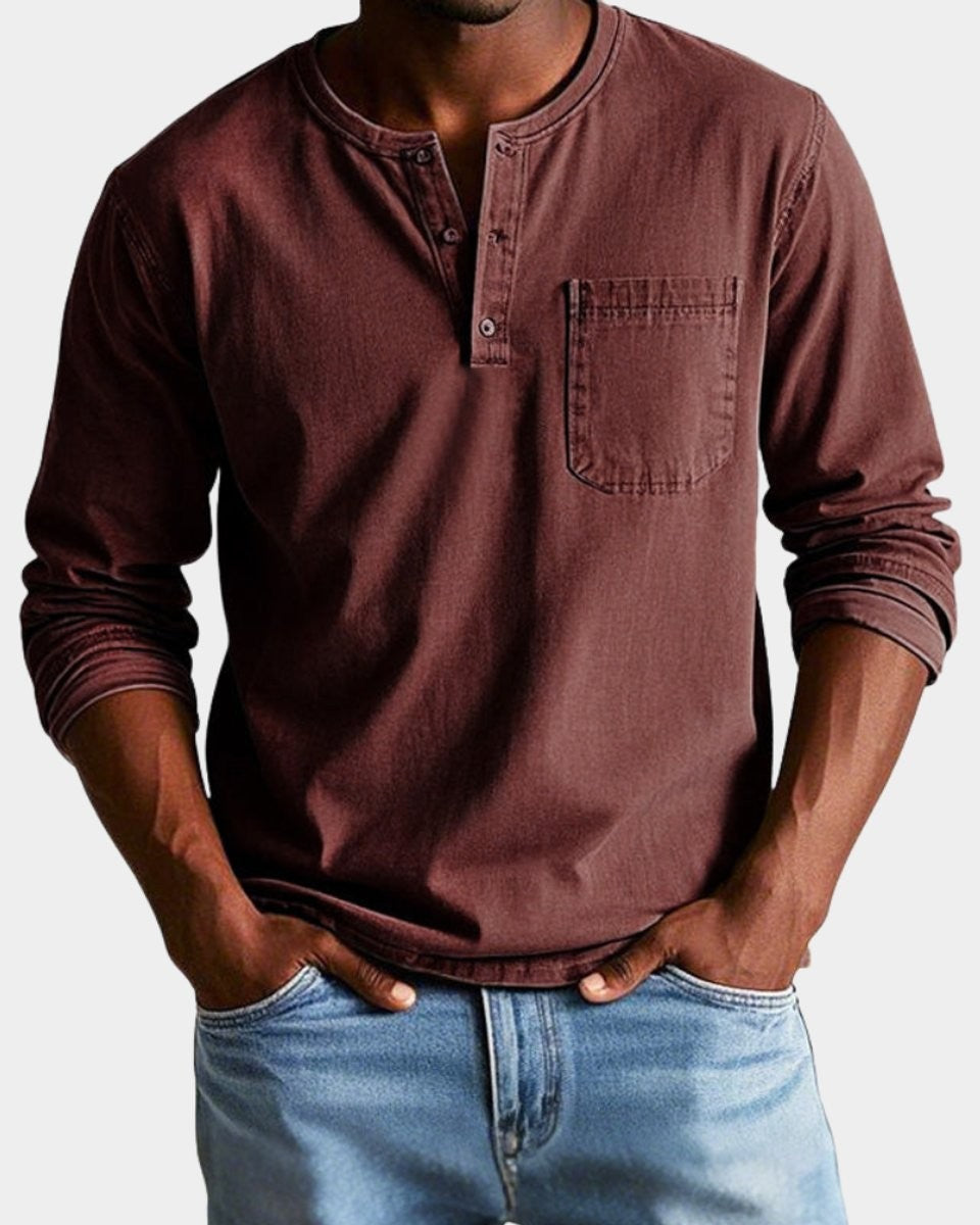 Maroon long-sleeve henley shirt with faded vintage wash effect