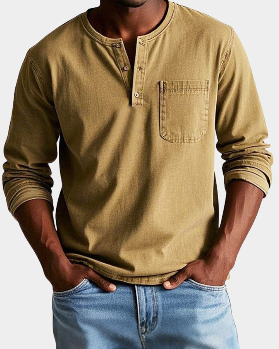 Khaki long-sleeve henley shirt with relaxed fit and pocket detail