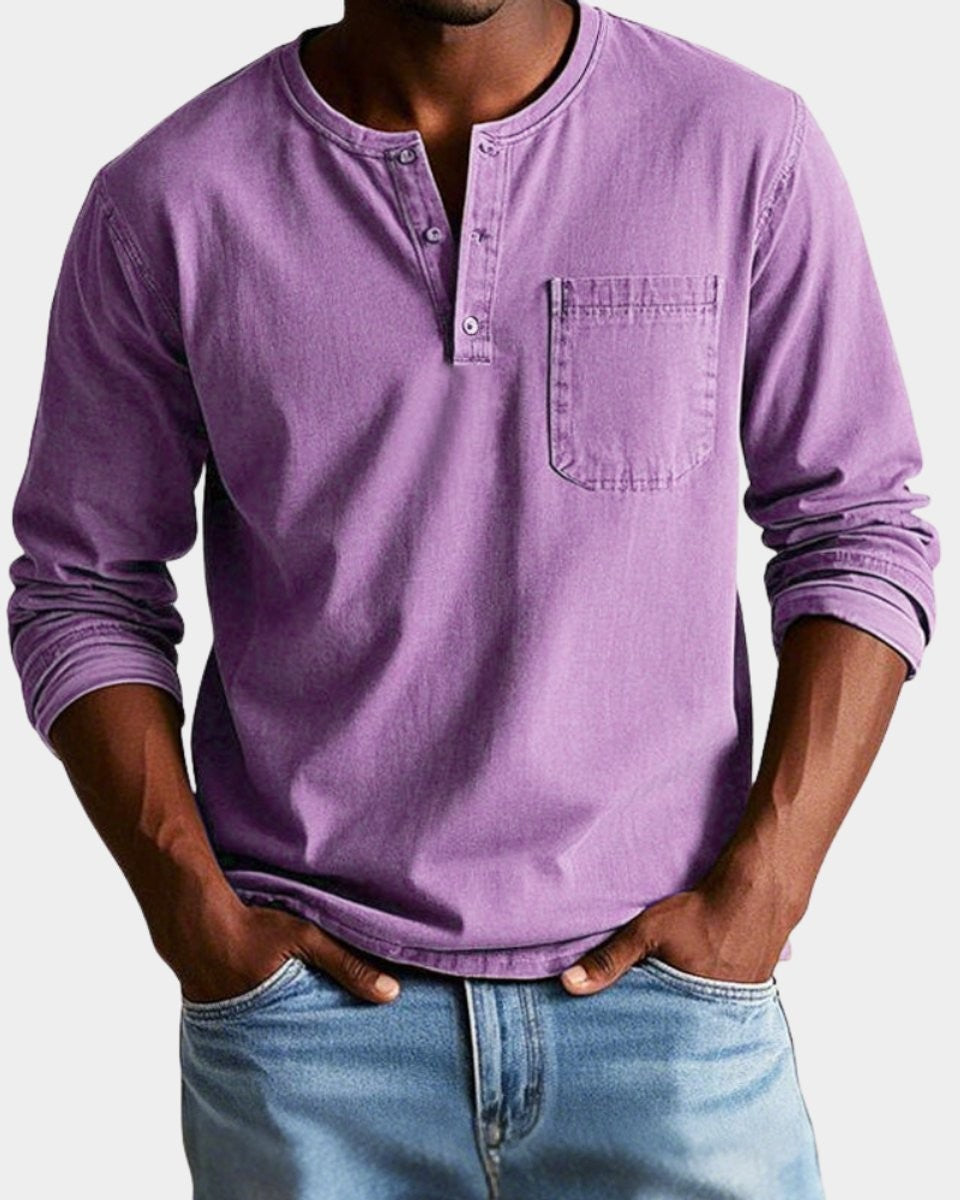 Lilac henley top with button-up collar and single chest pocket