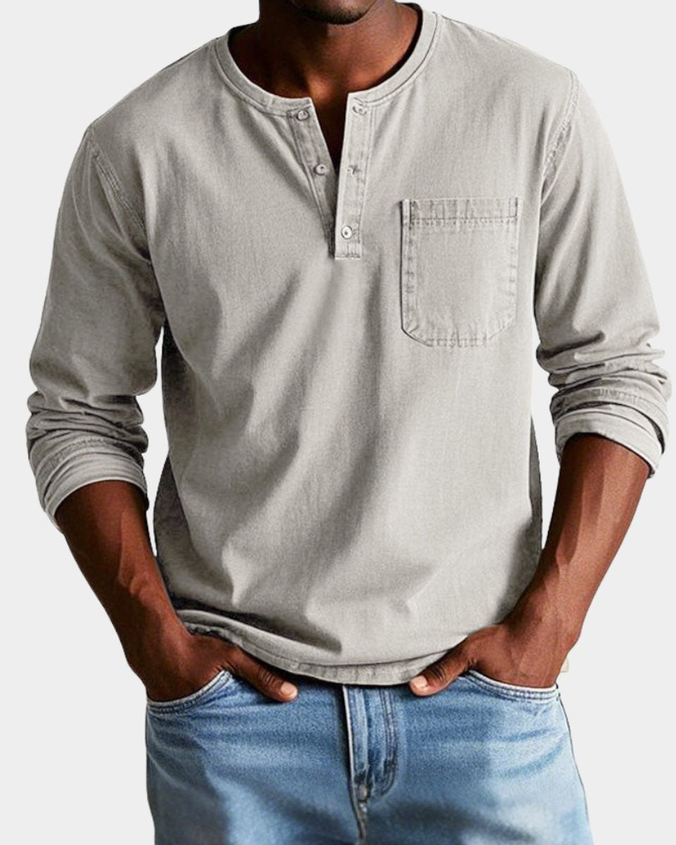 Stone grey long-sleeve henley shirt with vintage wash finish