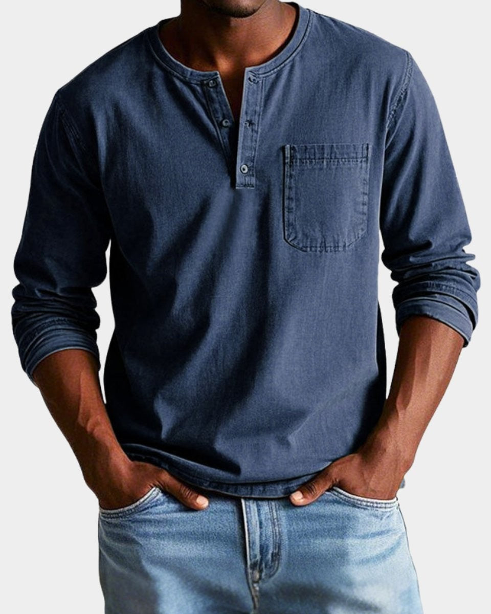 Navy long-sleeve henley top with denim-style stitching detail
