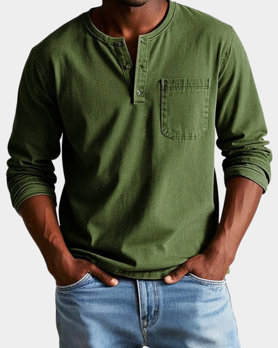 Olive green henley shirt with relaxed fit and chest pocket