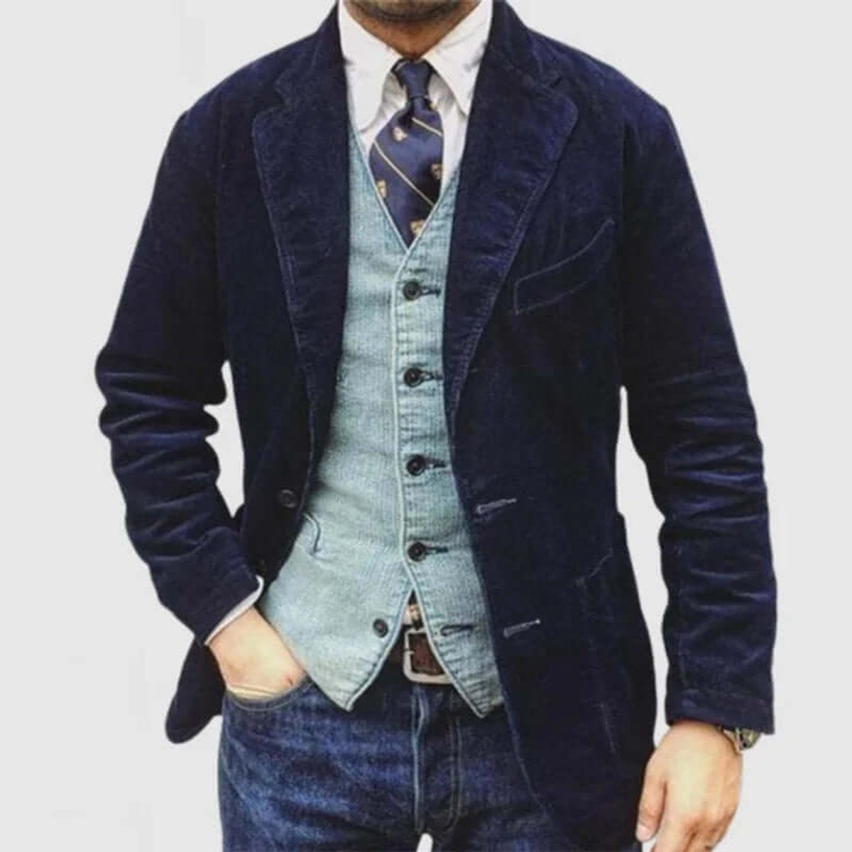 Navy corduroy lapel blazer worn over denim waistcoat and striped tie