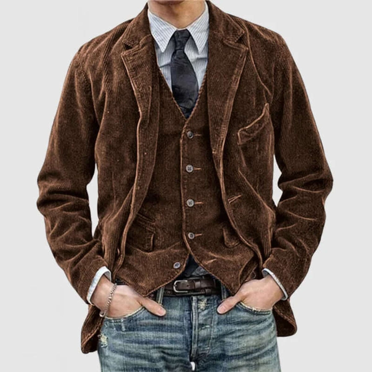 Brown corduroy smart casual blazer layered with waistcoat and jeans