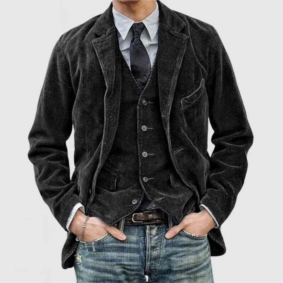 Charcoal corduroy lapel jacket styled with waistcoat and tie for smart casual look