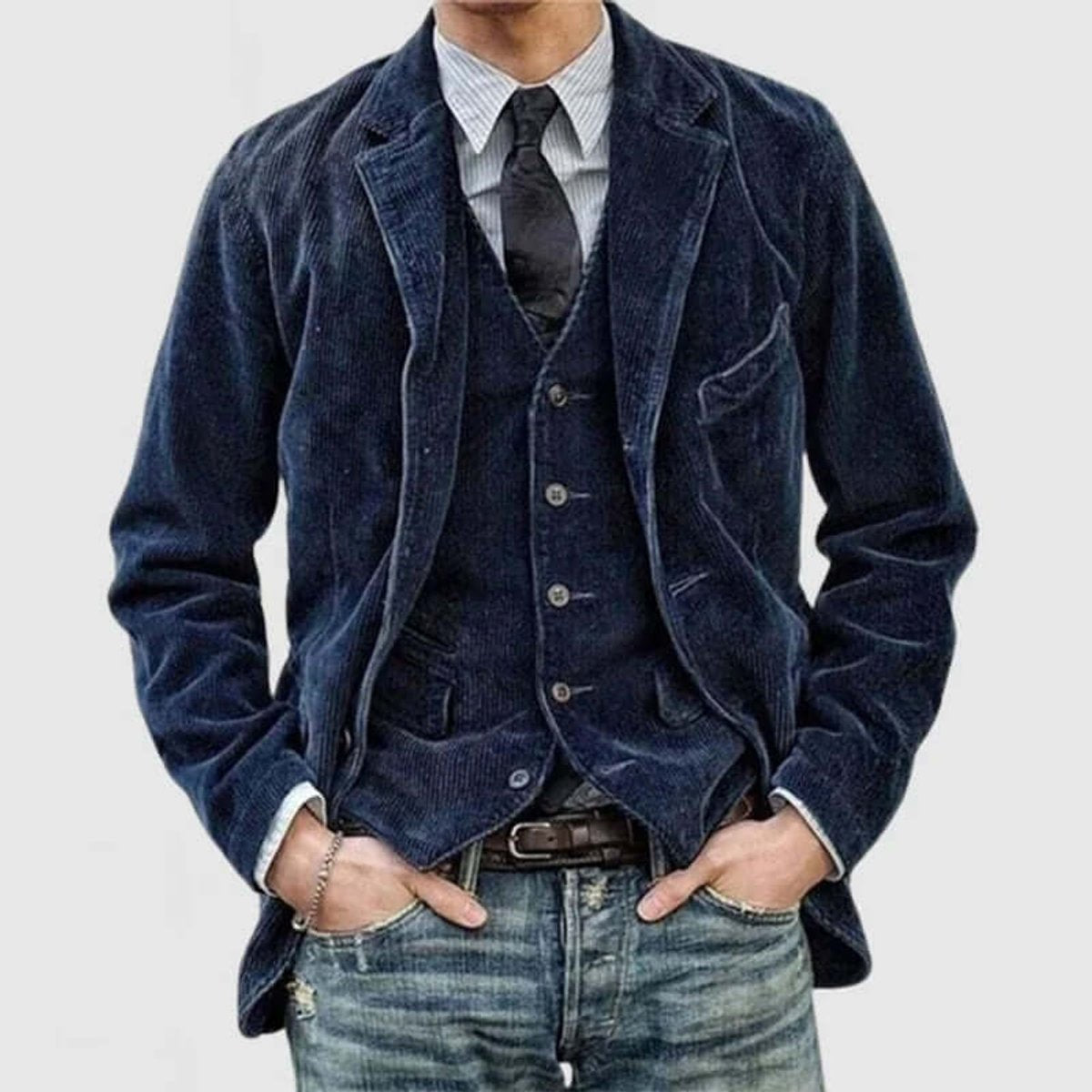 Dark navy corduroy blazer paired with waistcoat, tie and denim trousers