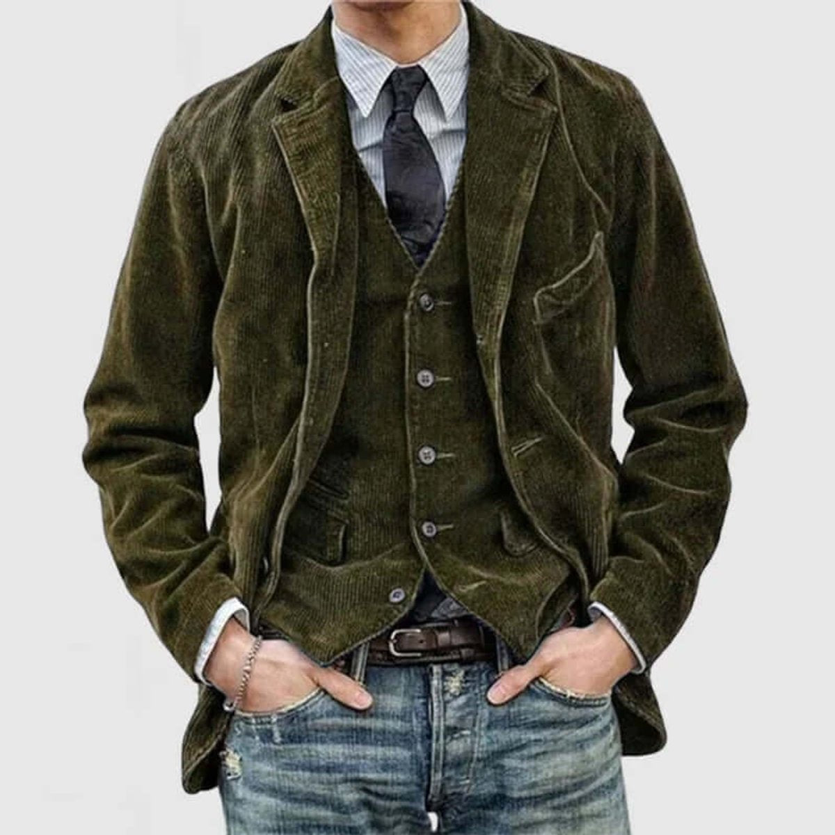 Olive green corduroy smart casual jacket worn with layered waistcoat and tie