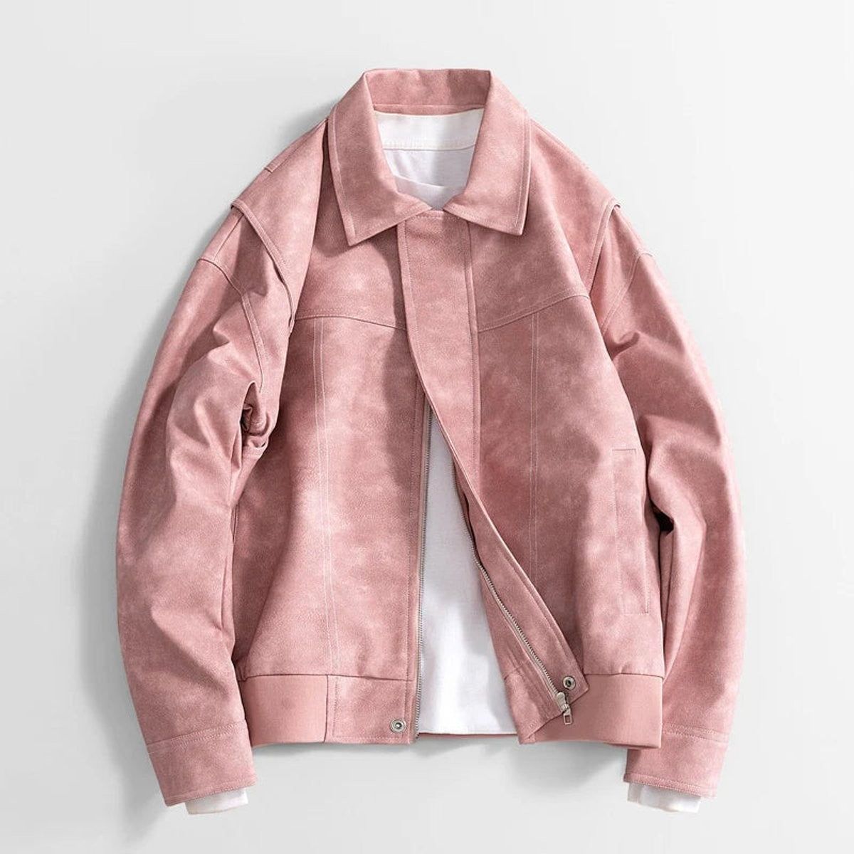 Dusty pink faux leather jacket with turn-down collar, laid flat