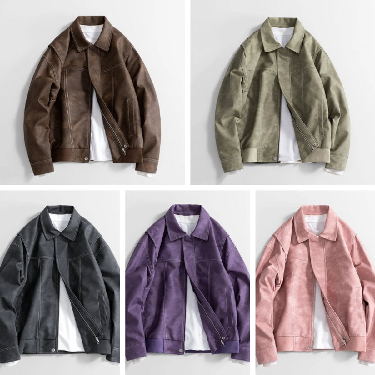 Five colourways of vintage-style faux leather bomber jackets displayed together