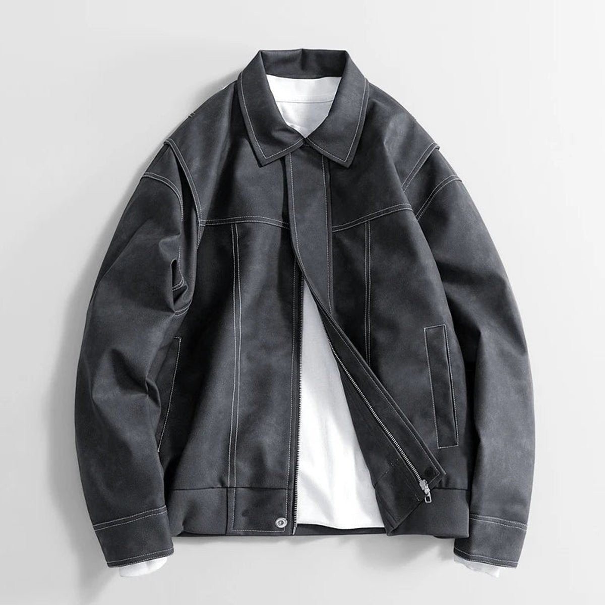 Charcoal grey faux leather bomber jacket with asymmetric zip fastening