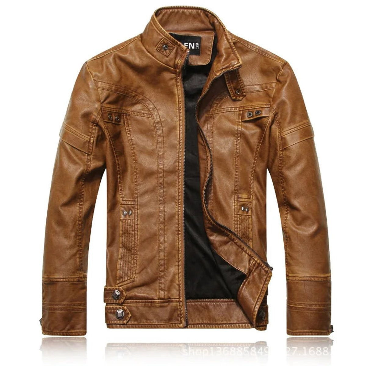Tan brown leather biker jacket with stand collar and front zip