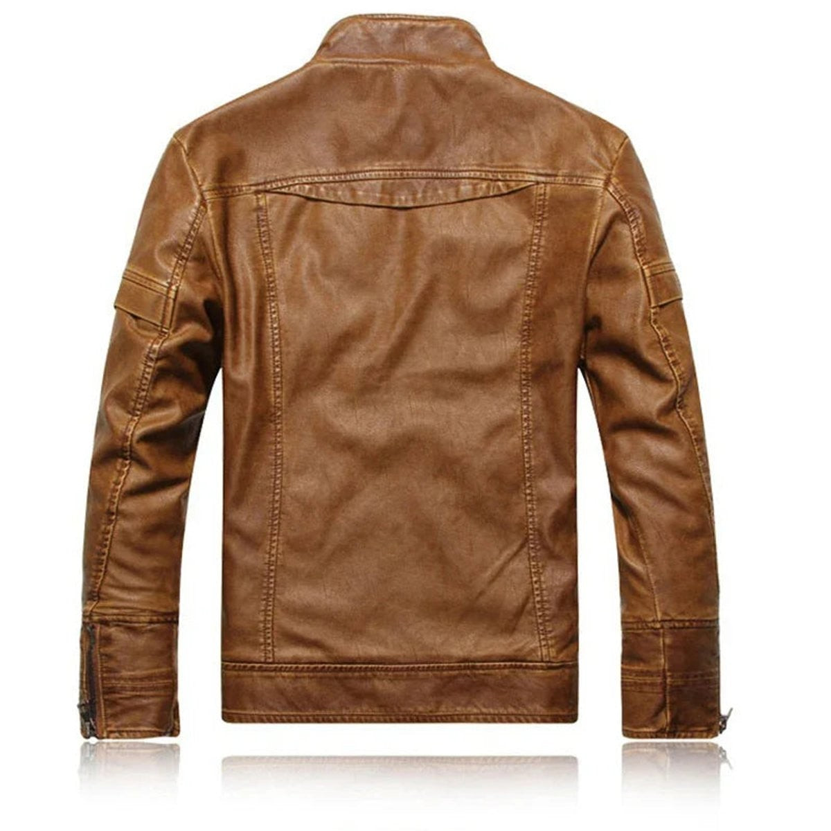 Back view of tan leather bomber jacket showing seam detailing