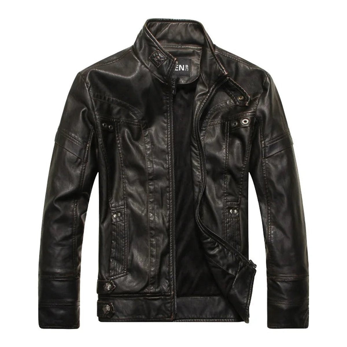 Black vintage-style leather biker jacket with stand-up collar
