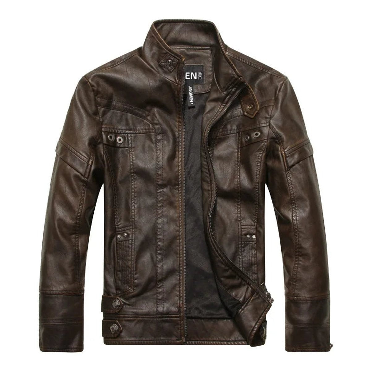 Dark brown distressed leather bomber jacket with zip fastening