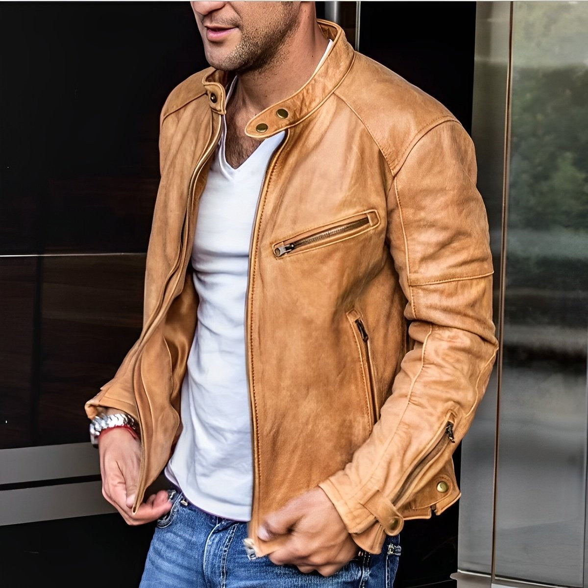 Tan faux leather biker jacket for men with stand-up collar and press-stud fastening