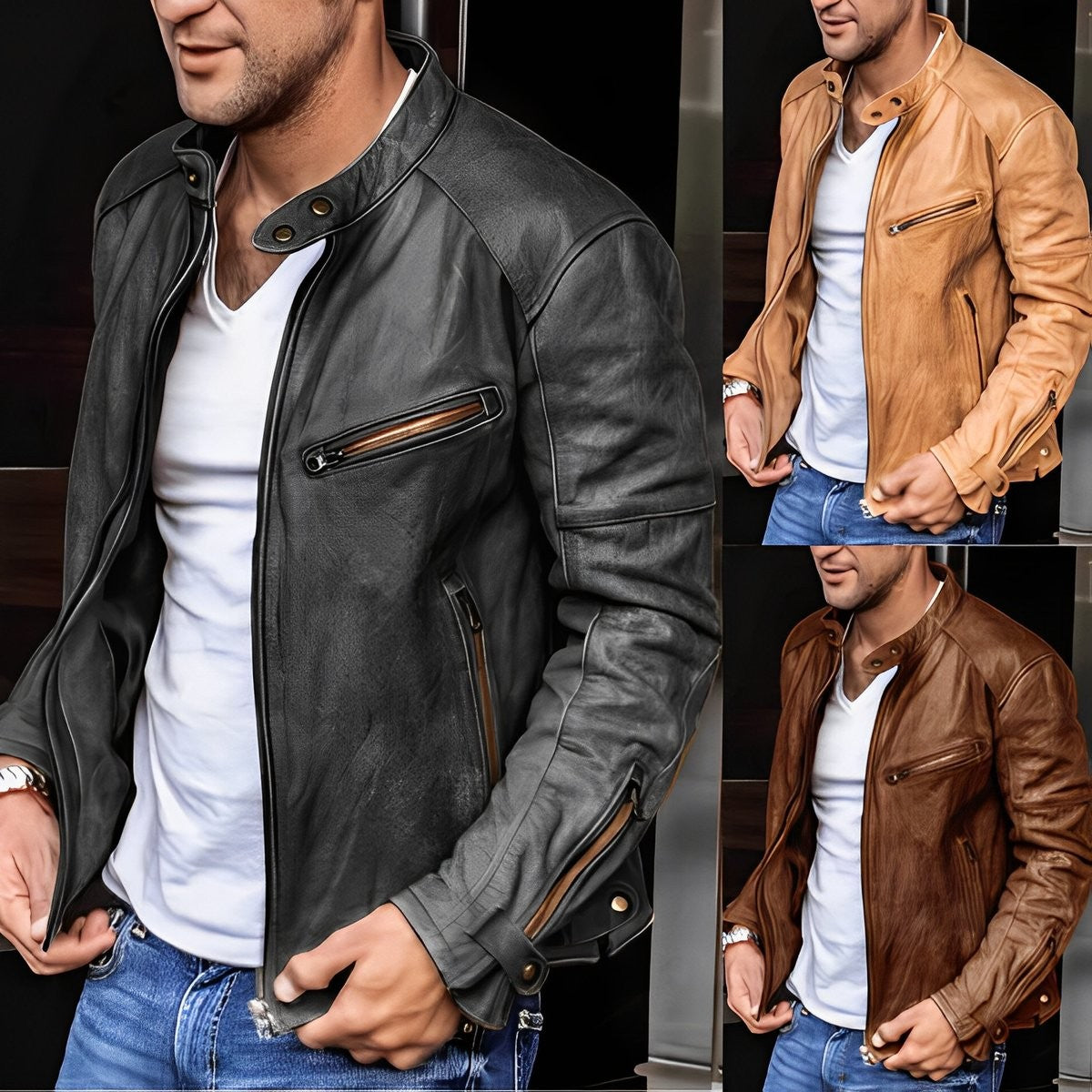 Men's faux leather biker jacket shown in black, tan and brown colourways