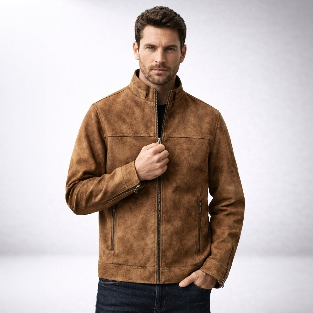 Man wearing tan suede-effect bomber jacket with stand collar and zip pockets