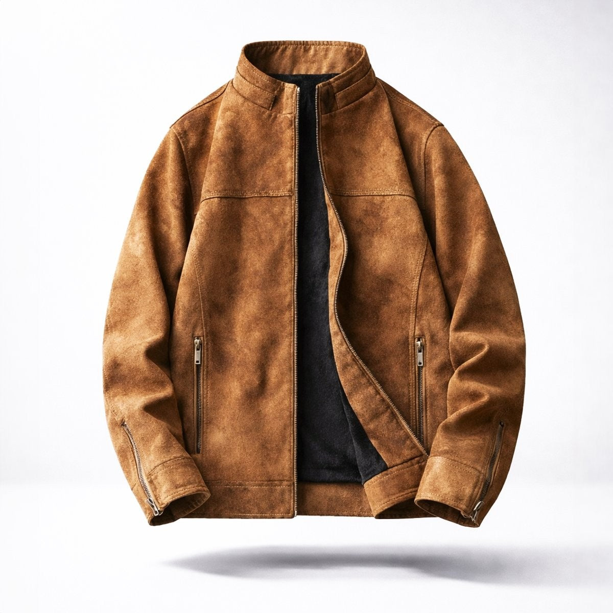 Tan suede-effect fleece-lined bomber jacket with stand collar, front view
