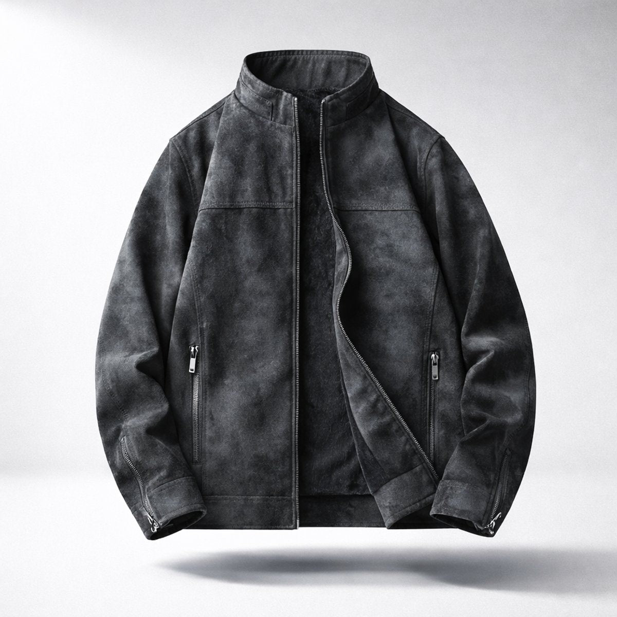 Charcoal suede-effect bomber jacket with fleece lining and zip pockets