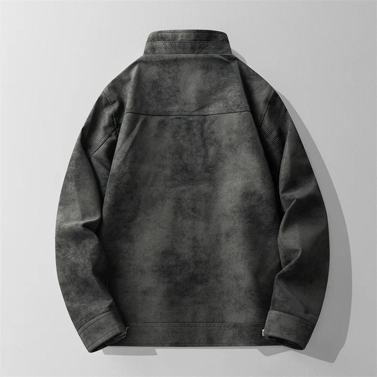 Back view of grey suede-effect bomber jacket with seam detailing