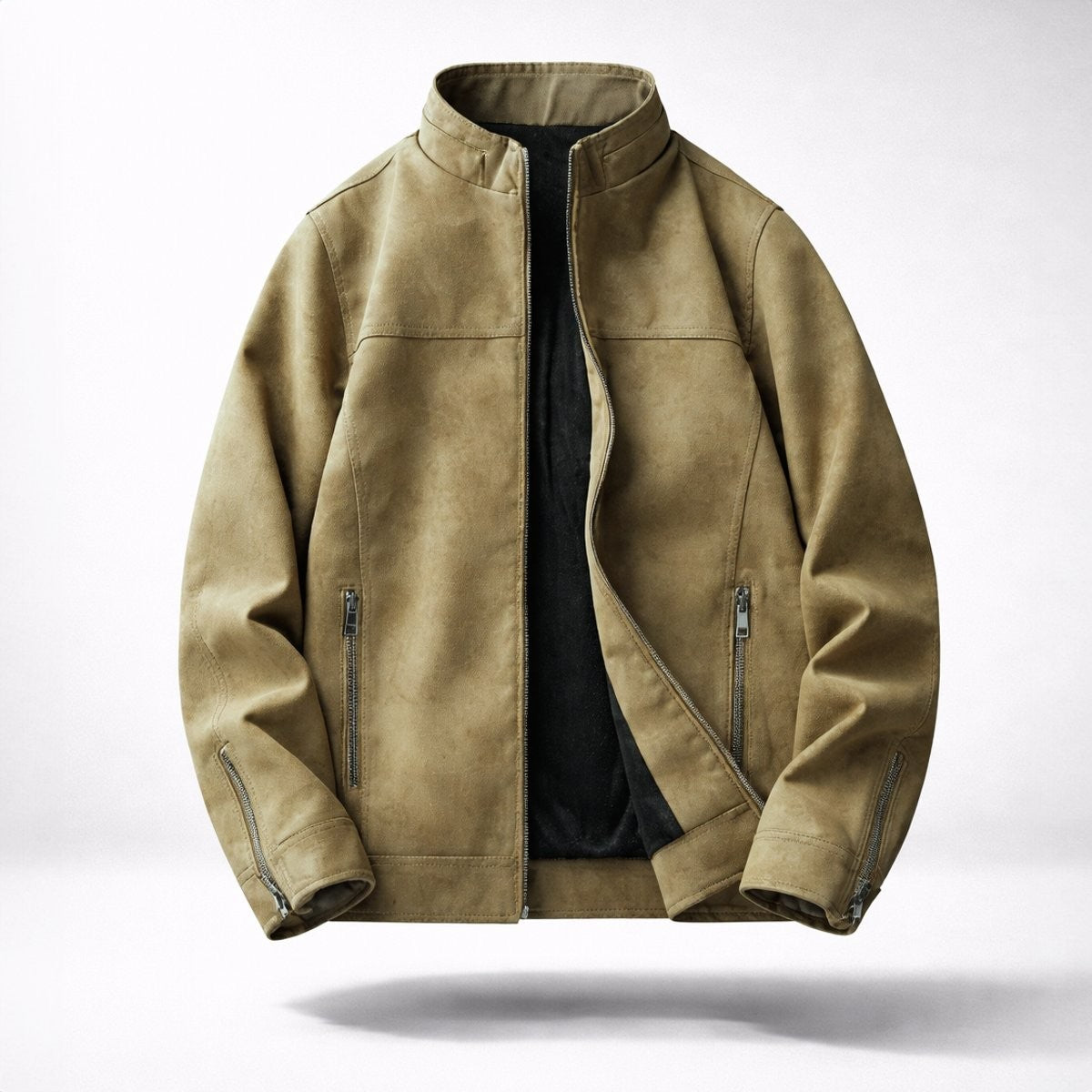 Khaki suede-effect fleece-lined bomber jacket with zip pockets, front view
