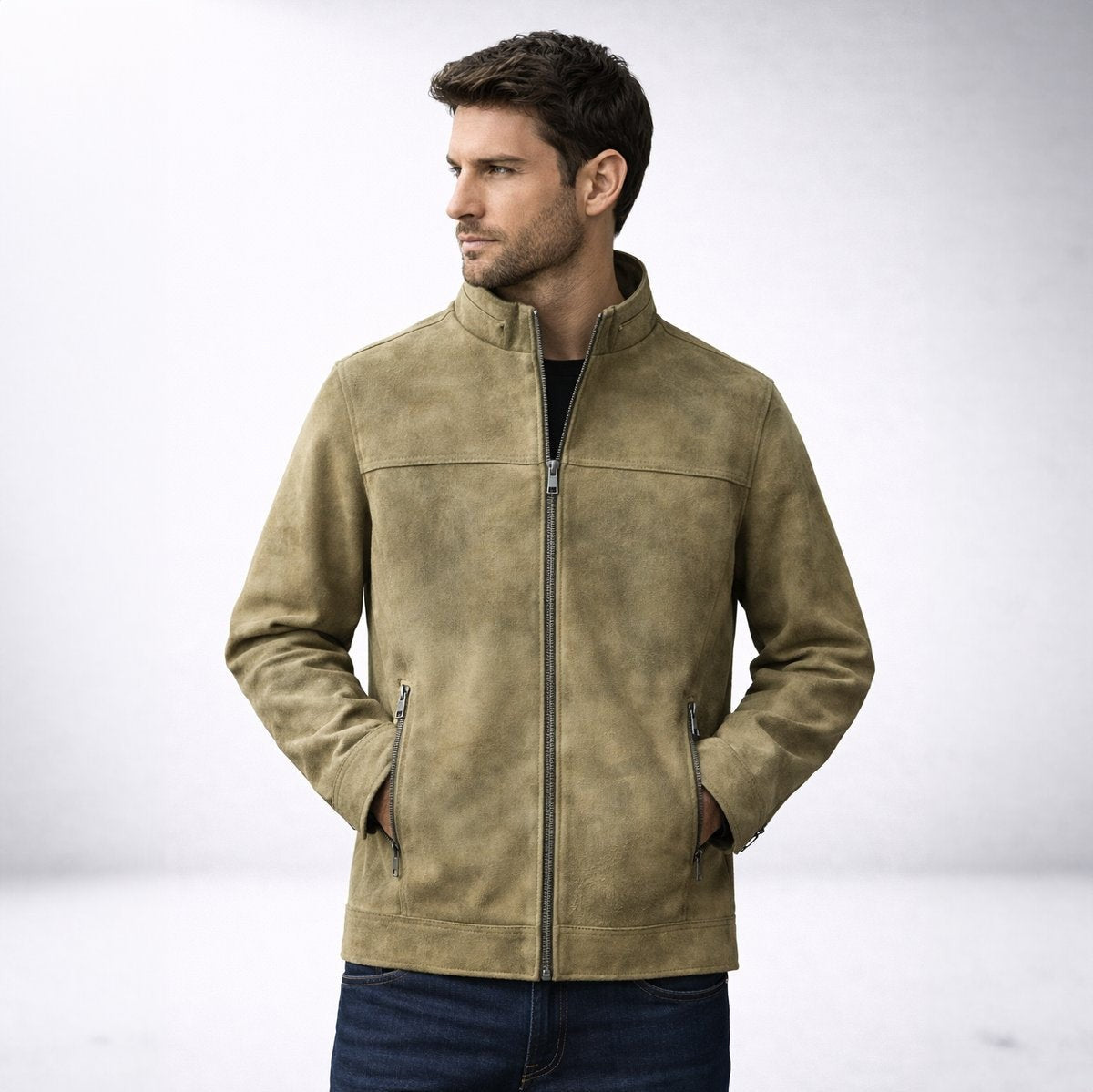 Man wearing khaki suede-effect bomber jacket with hands in pockets