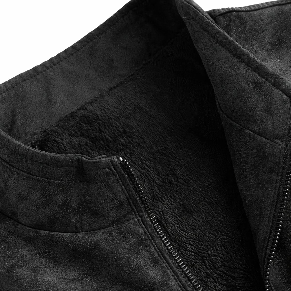Close-up of black suede-effect jacket collar showing fleece lining