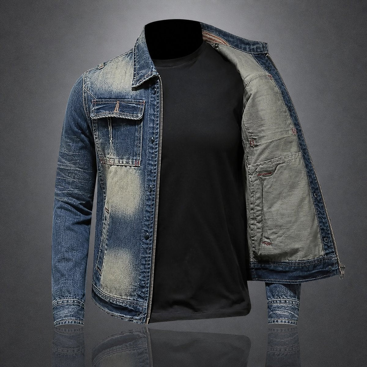 Vintage washed denim jacket open, showing contrast lining and flap pocket detail