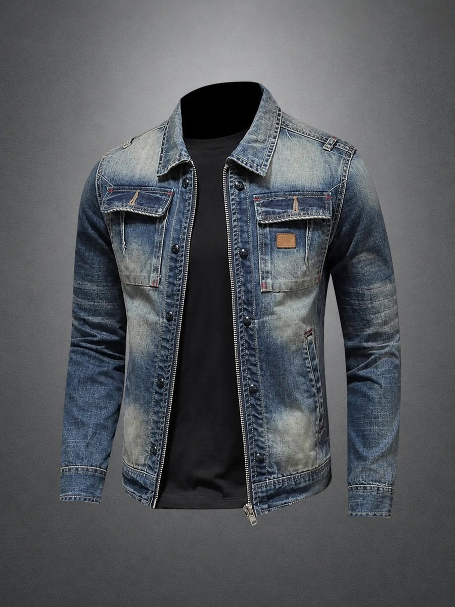 Distressed blue denim jacket with dual flap pockets and zip-up front fastening