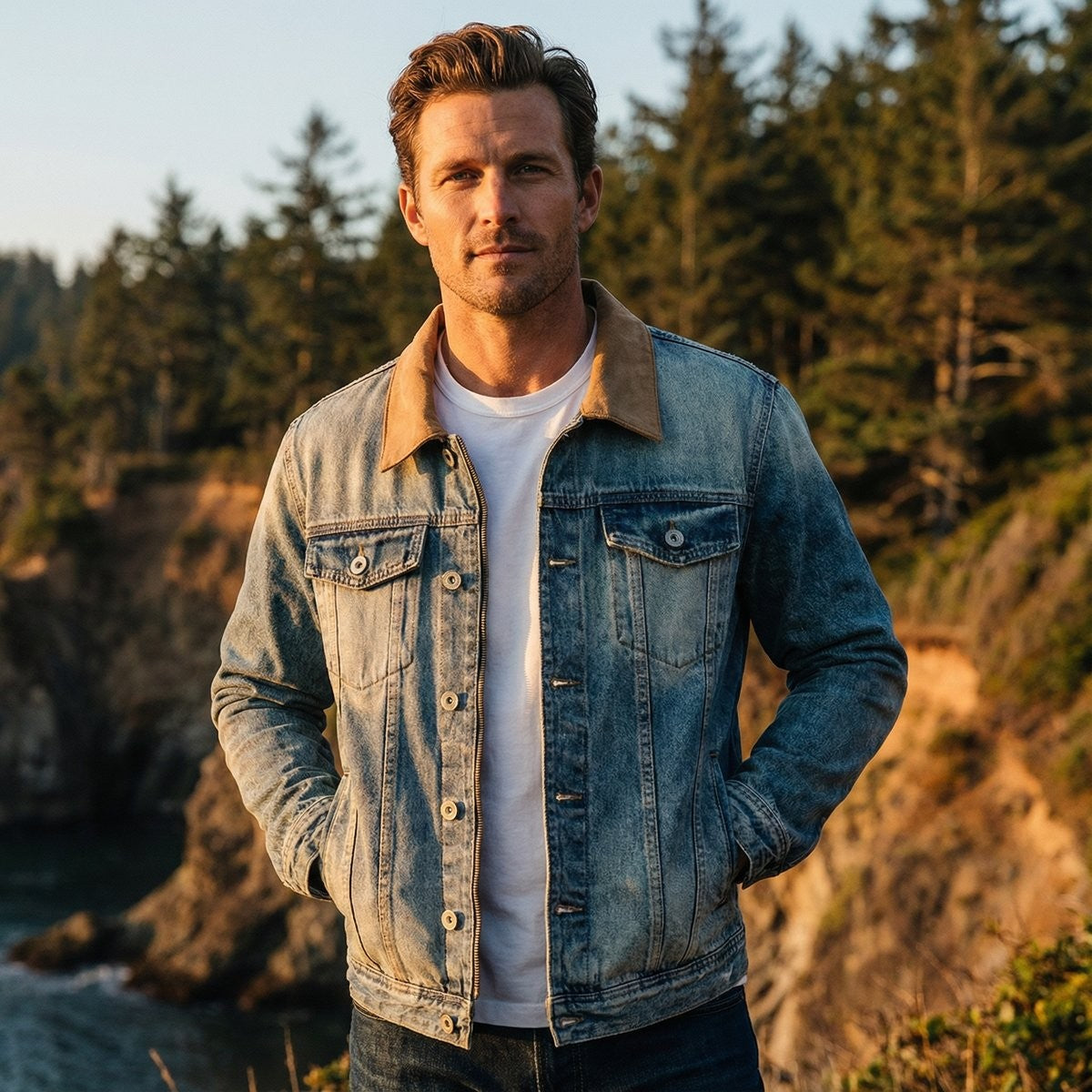Man wearing light-wash denim trucker jacket with tan corduroy collar outdoors