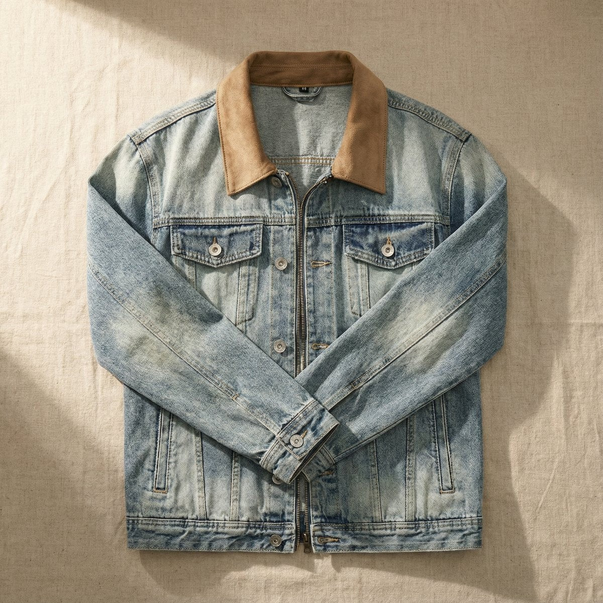 Light-wash denim trucker jacket with tan suede collar laid flat