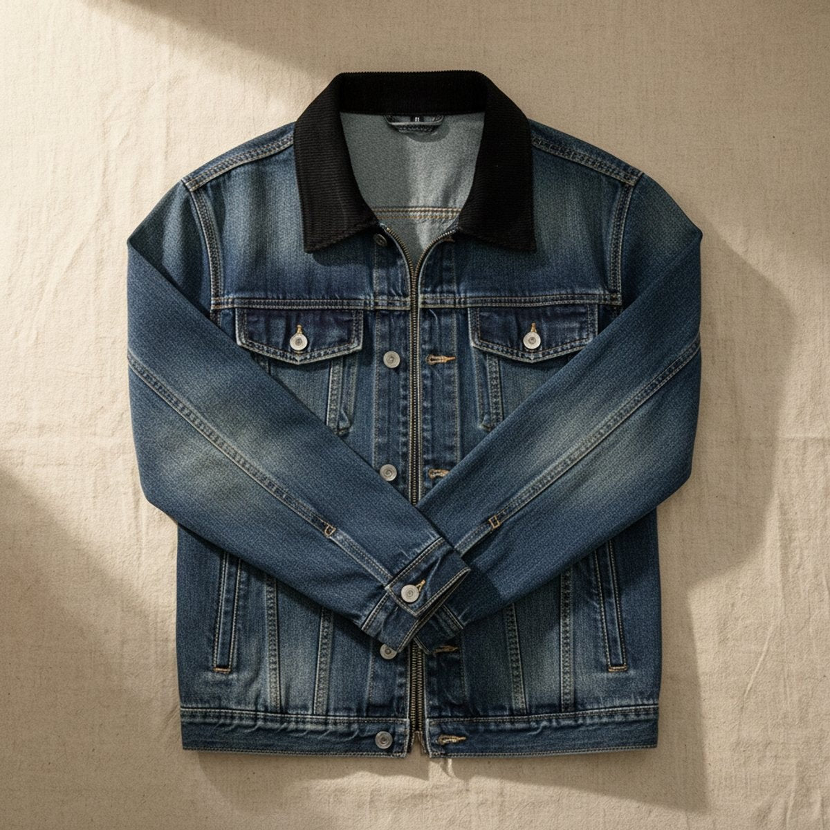 Dark-wash denim trucker jacket with black ribbed collar laid flat
