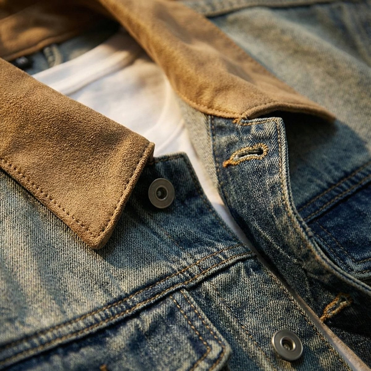 Close-up of suede collar and button detail on denim trucker jacket