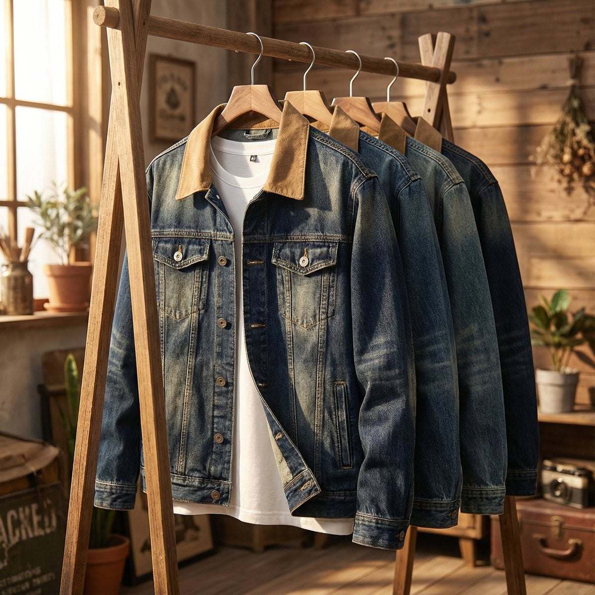 Row of vintage-wash denim trucker jackets hanging on wooden rack