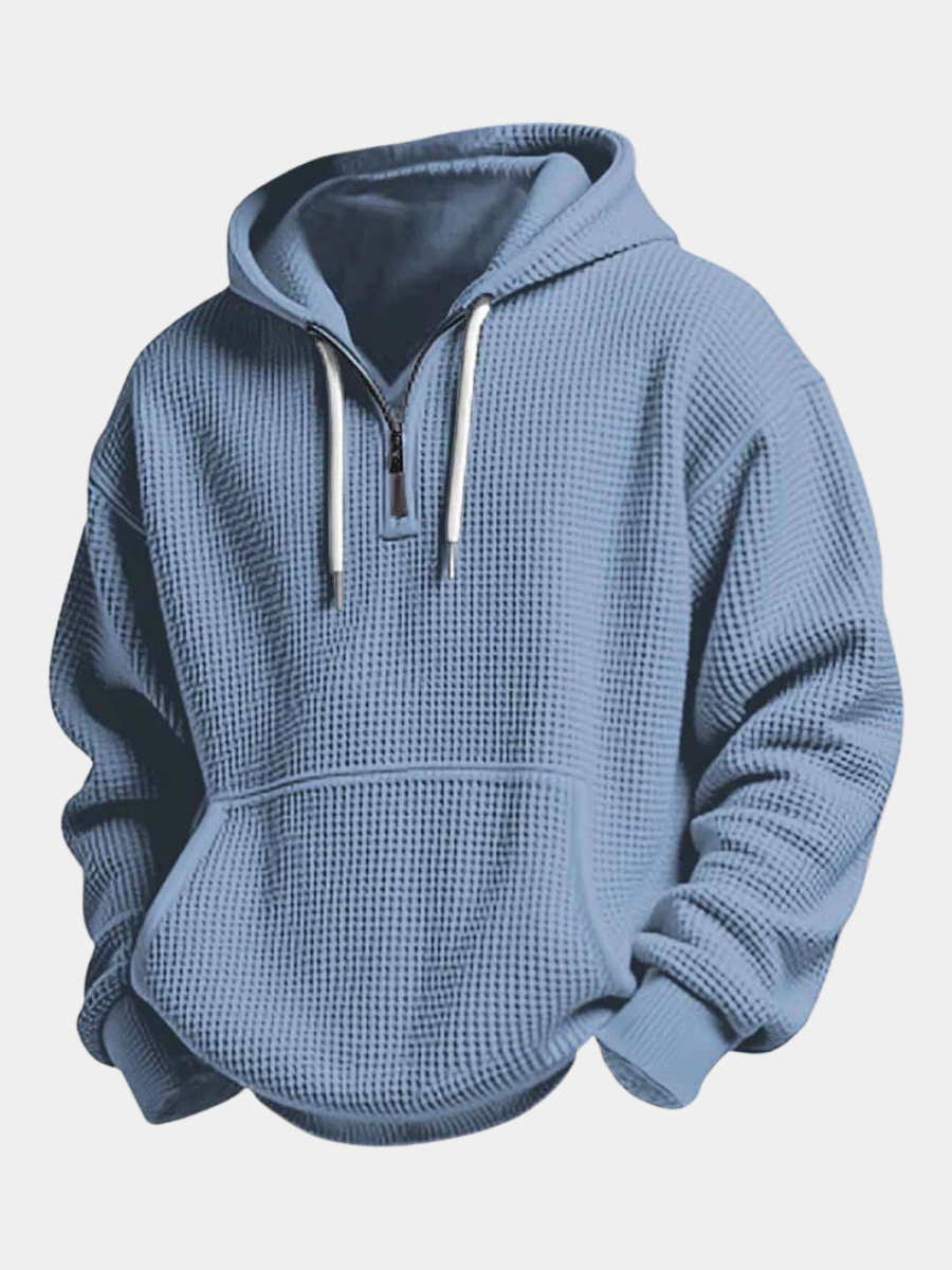 Slate blue waffle knit hoodie with quarter-zip and drawstring hood