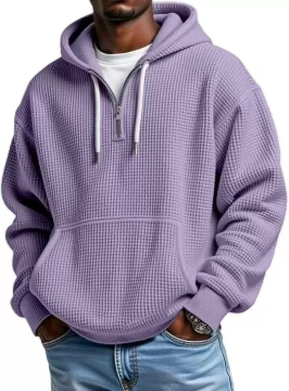 Lilac waffle knit hoodie with white drawstrings and kangaroo pocket