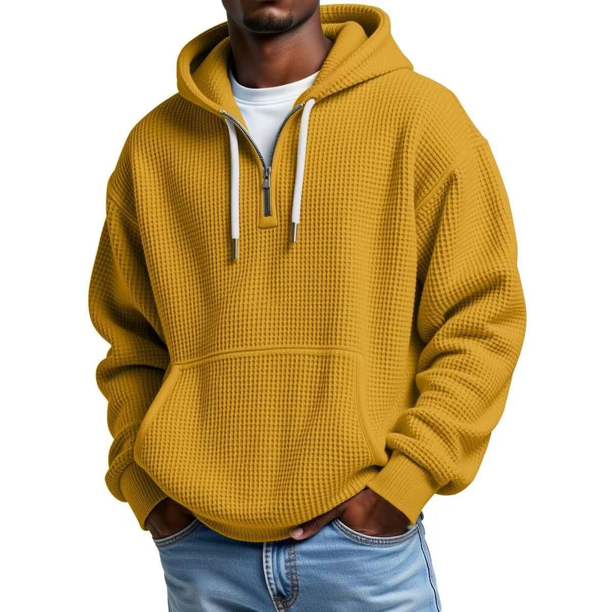 Mustard yellow quarter-zip hoodie in ribbed waffle texture