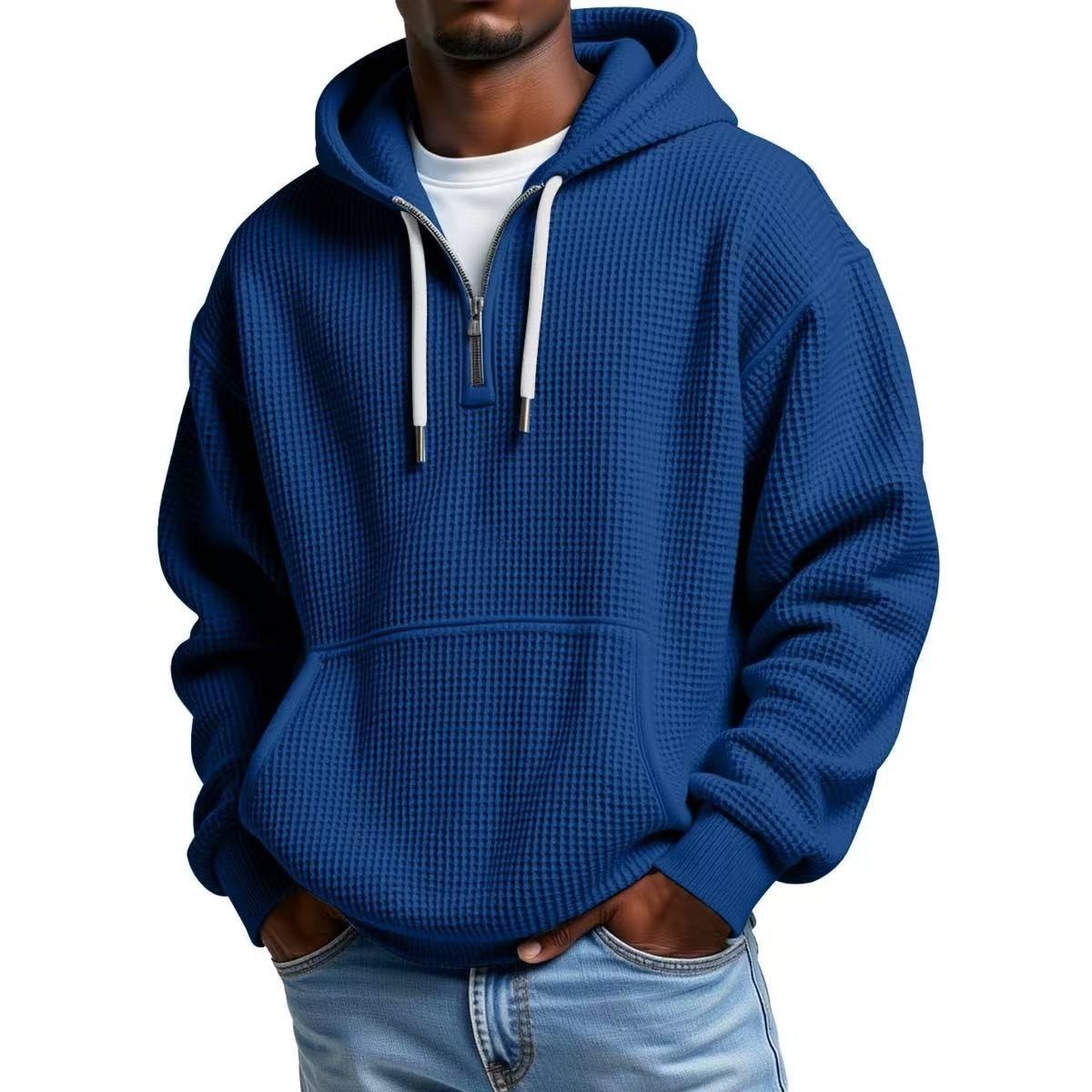Royal blue waffle knit hoodie with drawstring hood and half-zip