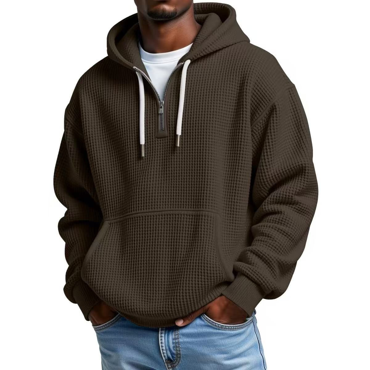 Dark brown oversized hoodie in waffle knit with quarter-zip detail