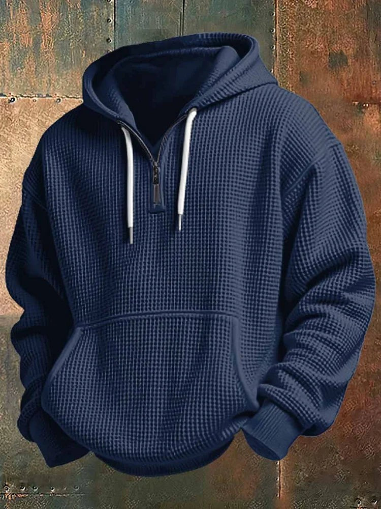 Navy quarter-zip hoodie in chunky waffle knit fabric