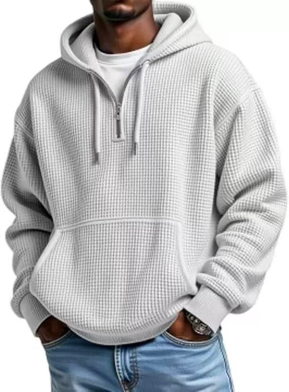 Light grey oversized hoodie worn with white drawcords and front pocket