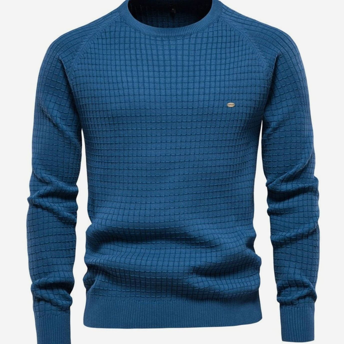 Teal blue waffle-knit crewneck jumper with raglan sleeves and ribbed trim