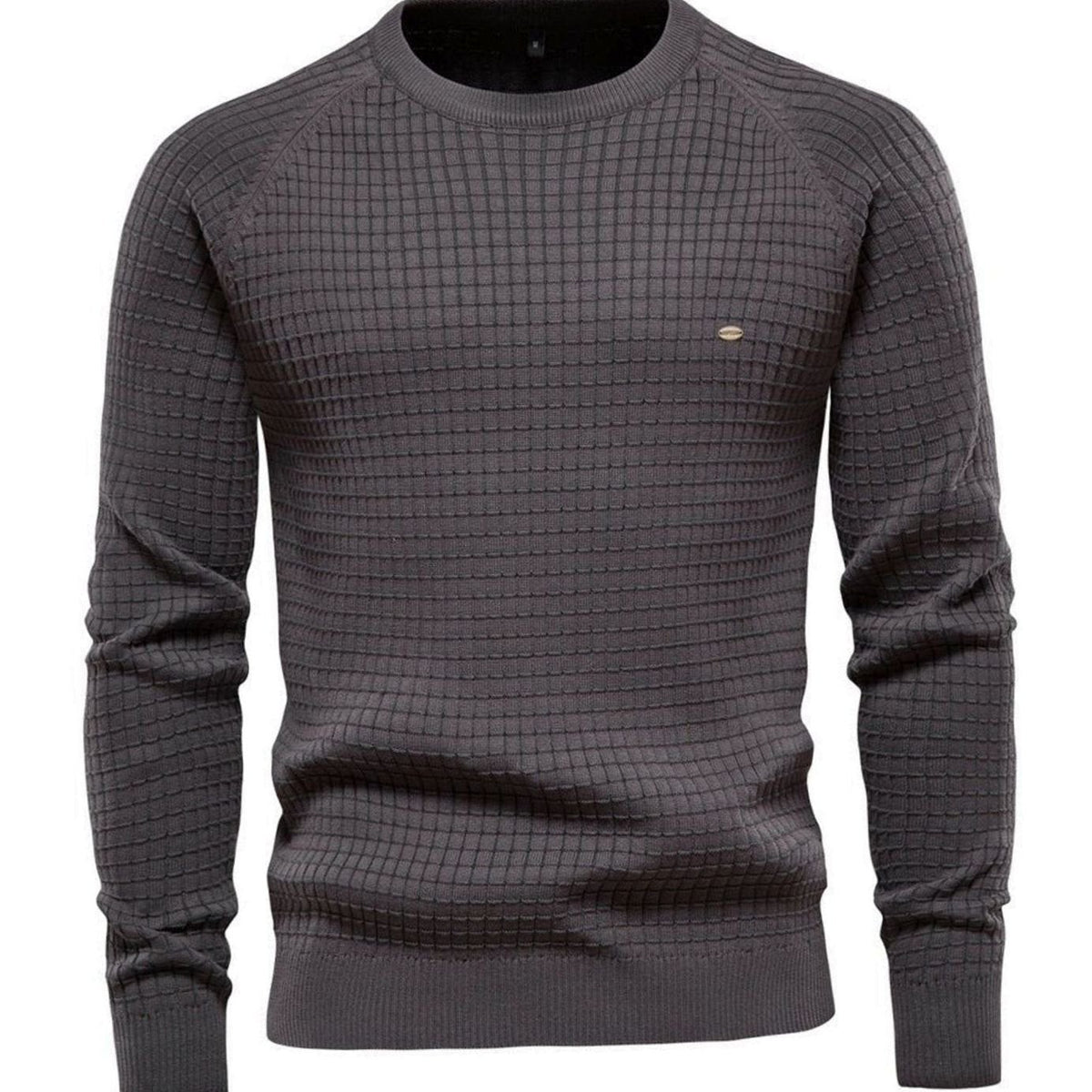 Charcoal grey waffle-knit crewneck jumper featuring raglan sleeve design